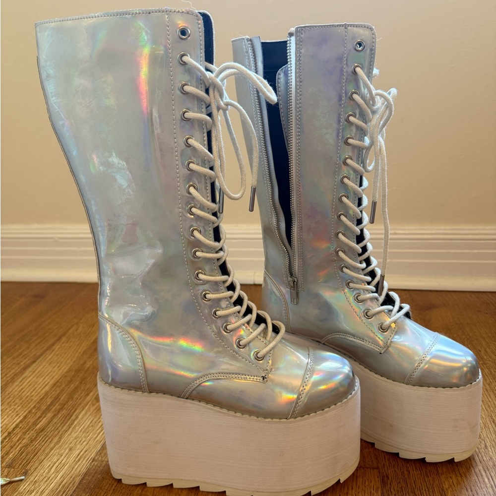 NEW YRU knee high holographic platform boots